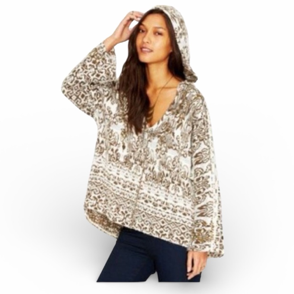 Free People Raggy Wool Hoodie Size S Oversized Boho Knit Sweater Hooded Top